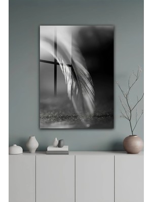 KutuTR Siyah Beyaz Minimal Tüy Detaylı Modern Temperli Cam Tablo 2d Uv Baskı - YCT645