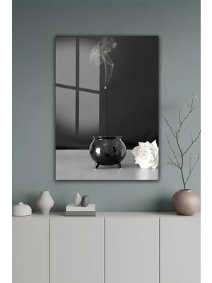 KutuTR Siyah Beyaz Minimal Tütsü ve Gül Temalı Modern Temperli Cam Tablo 2d Uv Baskı - YCT642