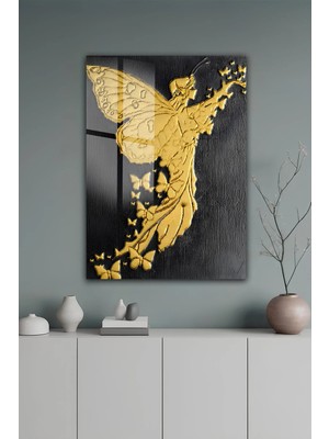KutuTR Altın Melek ve Kelebek Figürlü Modern Temperli Cam Tablo 2d Uv Baskı - YCT639