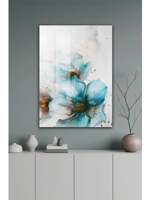 KutuTR Turkuaz Çiçek ve Altın Detaylı Soyut Temperli Cam Tablo 2d Uv Baskı - YCT620