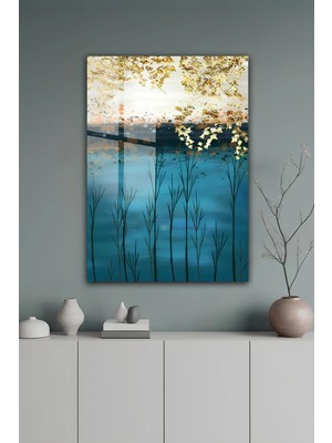 KutuTR Altın Yapraklı Ağaçlar ve Turkuaz Göl Manzaralı Temperli Cam Tablo 2d Uv Baskı - YCT614