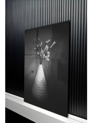 KutuTR Modern Siyah-Beyaz Vazoda Çiçek Temperli Cam Tablo 50X70 cm 2d Uv Baskı - YCT466