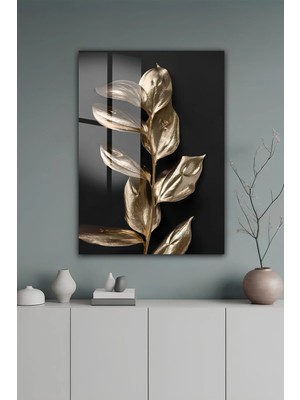 KutuTR Ltın Renk 3D Görünümlü Modern Yaprak Dalı Tasarımlı Temperli Cam Tablo 50X70 cm 2d Uv Baskı - YCT509
