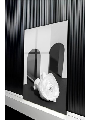 KutuTR Siyah Beyaz Minimalist Kemer ve Gül Detaylı Temperli Cam Tablo 50X70 cm 2d Uv Baskı - YCT482