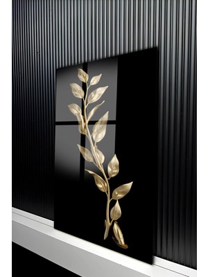 KutuTR Altın Varak Görünümlü Yaprak Figürlü Temperli Cam Tablo 50X70 cm 2d Uv Baskı - YCT408