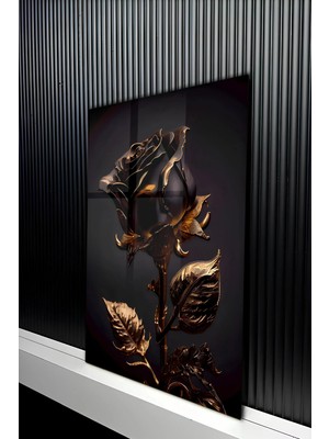 KutuTR Lüks Tasarım Heykelsi Siyah Gül Temperli Cam Tablo 50X70 cm 2d Uv Baskı - YCT461