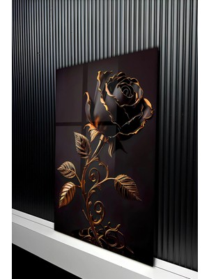 KutuTR Gold Detaylı Estetik Siyah Gül Sanatı Temperli Cam Tablo 50X70 cm 2d Uv Baskı - YCT458