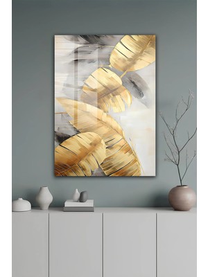 KutuTR Altın Tropikal Yaprak Desenli Soyut Temperli Temperli Cam Tablo 2d Uv Baskı - YCT616