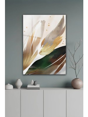 KutuTR Altın, Bej ve Yeşil Tonlarda Soyut Yaprak Desenli Temperli Cam Tablo 2d Uv Baskı - YCT610