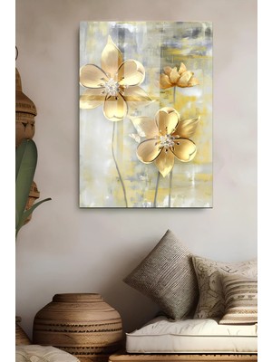 KutuTR Altın Çiçekler Temalı Temperli Cam Tablo 50X70 cm 2d Uv Baskı - YCT600