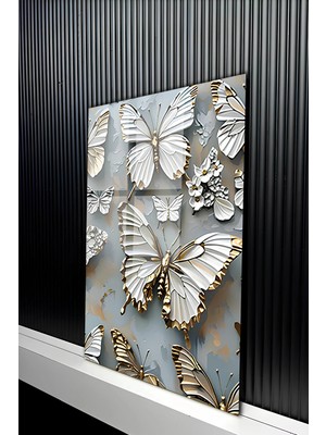 KutuTR Gold Detaylı Beyaz Kelebek Tasarımlı Temperli Cam Tablo 50X70 cm 2d Uv Baskı - YCT369