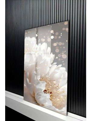 KutuTR Modern Işıltılı Gold Detaylı Beyaz Şakayık Çiçeği Temperli Cam Tablo 50X70 cm 2d Uv Baskı - YCT360
