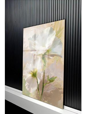 KutuTR Soft Pastel Ton Yağlı Boya Doku Beyaz Çiçek Tasarım Temperli Cam Tablo 50X70 cm 2d Uv Baskı - YCT359