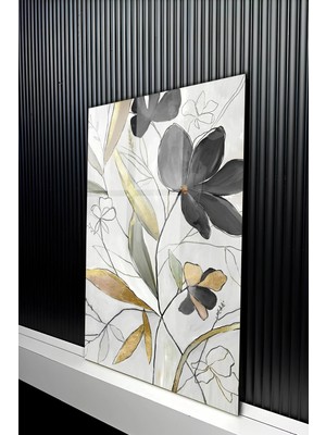 KutuTR Gold ve Siyah Detaylı Minimalist Botanik Tasarımlı Temperli Cam Tablo 50X70 cm 2d Uv Baskı - YCT348