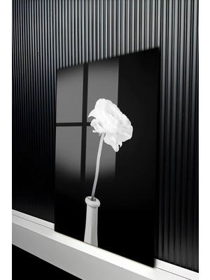 KutuTR Modern Siyah Beyaz Vazoda Tek Çiçek Tasarımtemperli Cam Tablo 50X70 cm 2d Uv Baskı - YCT386