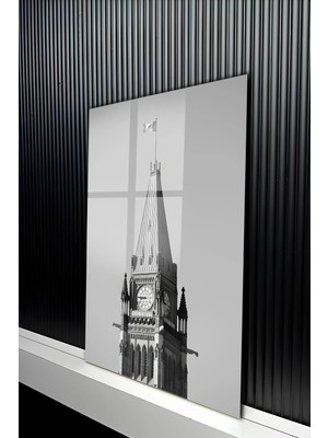KutuTR Modern Siyah Beyaz Saat Kulesi Mimari Temperli Cam Tablo 50X70 cm 2d Uv Baskı - YCT381