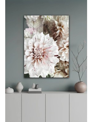 KutuTR Krem ve Pembe Tonlu Dalya Çiçek Desenli Temperli Cam Tablo 50X70 cm 2d Uv Baskı - YCT550