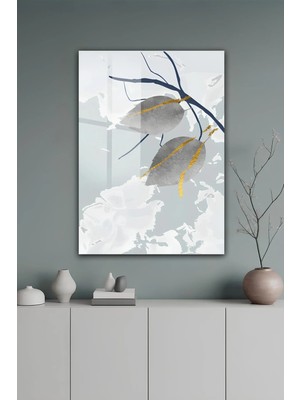 KutuTR Altın Çizgili Gri Yaprak Desenli Açık Mavi Zeminli Temperli Cam Tablo 50X70 cm 2d Uv Baskı - YCT542