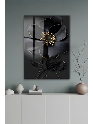 KutuTR Altın Yaldız Detaylı Modern Soyut Siyah Çiçek Temperli Cam Tablo 50X70 cm 2d Uv Baskı - YCT515