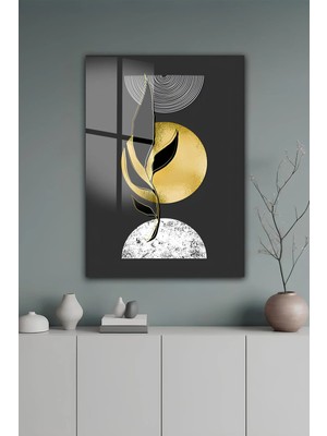 KutuTR Geometrik Formlu Soyut Yaprak Desenli Temperli Cam Tablo 50X70 cm 2d Uv Baskı - YCT514