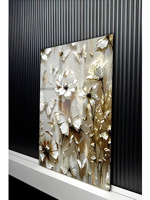 KutuTR Lüks Gold Detaylı Beyaz Çiçek ve Kelebek Temalı Temperli Cam Tablo 50X70 cm 2d Uv Baskı - YCT322