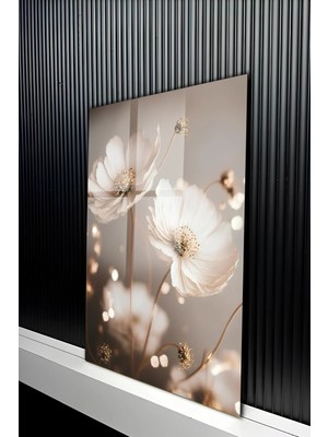 KutuTR Gold Detaylı Inci Işıltılı Beyaz Çiçek Tasarımlı Temperli Cam Tablo 50X70 cm 2d Uv Baskı - YCT361