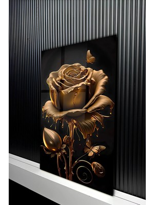 KutuTR Modern Altın Sıvı Metal Görünümlü Gül Temperli Cam Tablo 50X70 cm 2d Uv Baskı - YCT462