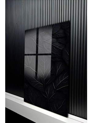 KutuTR Modern Koyu Lacivert Yaprak Tasarımlı Temperli Cam Tablo 50X70 cm 2d Uv Baskı - YCT448