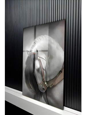 KutuTR Modern Asil Beyaz At Figürlü Temperli Cam Tablo 50X70 cm 2d Uv Baskı - YCT446