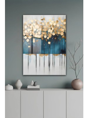 KutuTR Altın Yapraklı Ağaçlar ve Mavi Fonlu Soyut Manzara Temperli Cam Tablo 2d Uv Baskı - YCT609