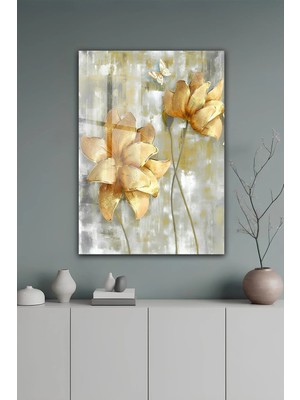 KutuTR Altın Çiçek ve Kelebek Desenli Temperli Cam Tablo cm 2d Uv Baskı - YCT601