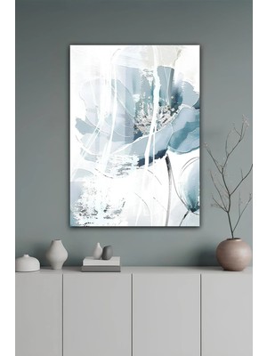KutuTR Mavi Beyaz Soyut Çiçek Desenli Temperli Cam Tablo 50X70 cm 2d Uv Baskı - YCT592