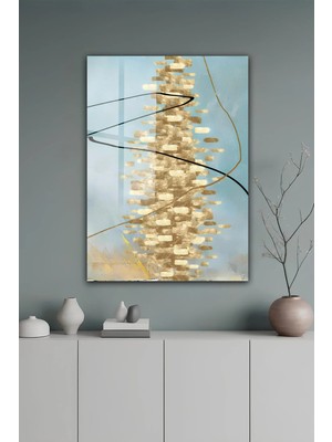 KutuTR Mavi Zeminli Gold Dokulu Soyut Çizgi Desenli Temperli Cam Tablo 50X70 cm 2d Uv Baskı - YCT561