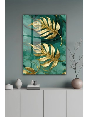 KutuTR Altın Yaprak Detaylı Zümrüt Yeşili Mermer Desenli Temperli Cam Tablo 50X70 cm 2d Uv Baskı - YCT536