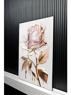 KutuTR Lüks Gold Detaylı Modern Metalik Gül Tasarımlı Temperli Cam Tablo 50X70 cm 2d Uv Baskı - YCT328