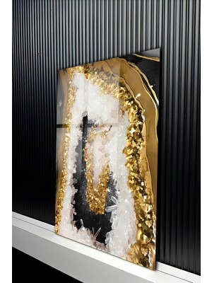 KutuTR Lüks Gold Detaylı Kristal Kuvars Görünümlü Temperli Cam Tablo 50X70 cm 2d Uv Baskı - YCT311