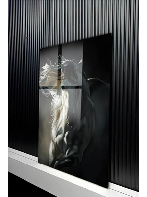 KutuTR Modern Siyah Asil At Figürlü Temperli Cam Tablo 50X70 cm 2d Uv Baskı - YCT452