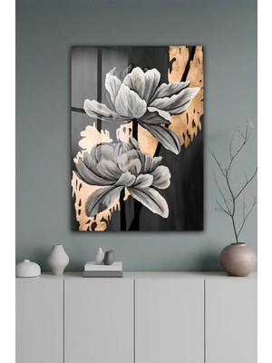 KutuTR Siyah Zemin Üzerinde Gri Çiçek ve Altın Dokulu Modern Temperli Cam Tablo 2d Uv Baskı - YCT655