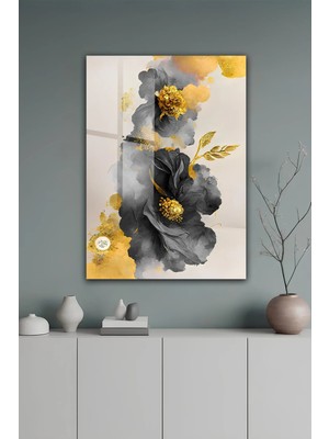 KutuTR Siyah Gri Çiçek ve Altın Varak Detaylı Modern Temperli Cam Tablo 2d Uv Baskı - YCT651