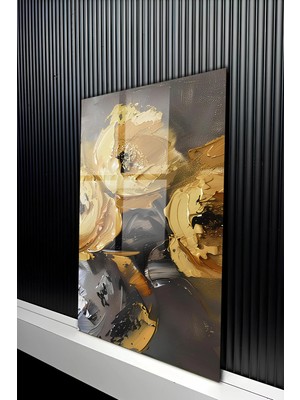 KutuTR Gold Detaylı Sanatsal Çiçek Figürlü Temperli Cam Tablo 50X70 cm 2d Uv Baskı - YCT430