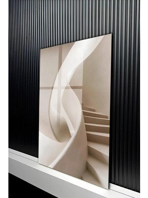 KutuTR Bej Tonlu Soyut Spiral Merdiven Tasarımlı Temperli Cam Tablo 50X70 cm 2d Uv Baskı - YCT333