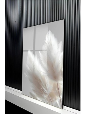 KutuTR Minimalist Beyaz Kuş Tüyü Desenli Modern ve Şık Temperli Cam Tablo 50X70 cm 2d Uv Baskı - YCT315