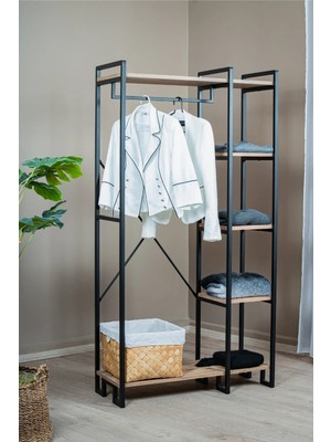 Evle Çok Amaçlı Ayaklı Askılık, 5 Raflı Geniş Kapasiteli Elbise Dolabı, Modern Portmanto ve Kitaplık