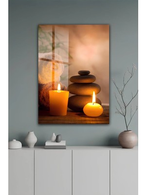KutuTR Mum ve Zen Taşları Temalı Huzurlu Temperli Cam Tablo 2d Uv Baskı - YCT664