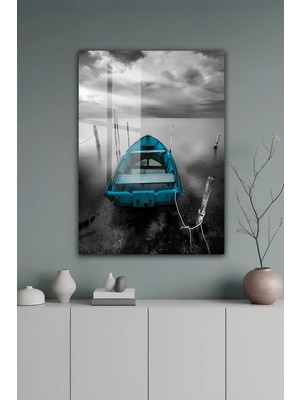KutuTR Siyah Beyaz Deniz Temalı Turkuaz Kayık Manzaralı Modern Temperli Cam Tablo 2d Uv Baskı - YCT644