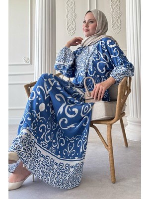 inStyle Kıvrımlı Sarmal Desen Indigo Viskon Elbise