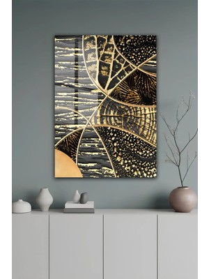 KutuTR Altın Varaklı Soyut Mozaik ve Yaprak Desenli Temperli Cam Tablo 50X70 cm 2d Uv Baskı - YCT511