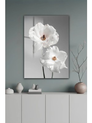 KutuTR Beyaz Çiçekli Soft Gri Zemin Modern Temperli Cam Tablo 2d Uv Baskı - YCT641