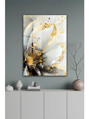 KutuTR Soyut Altın Siyah Çiçek Desenli Modern Temperli Cam Tablo 2d Uv Baskı - YCT632