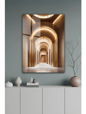KutuTR Altın Işıklı Modern Kemerli Koridor Desenli Temperli Cam Tablo 2d Uv Baskı - YCT611